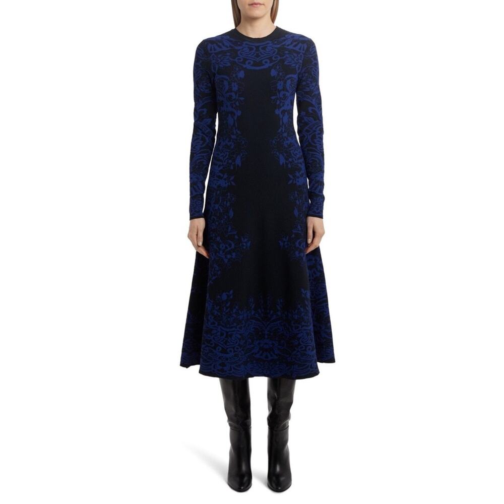 Valentino Delft Jacquard Long Sleeve Midi Sweater Dress Knit Blue M $3960 2020